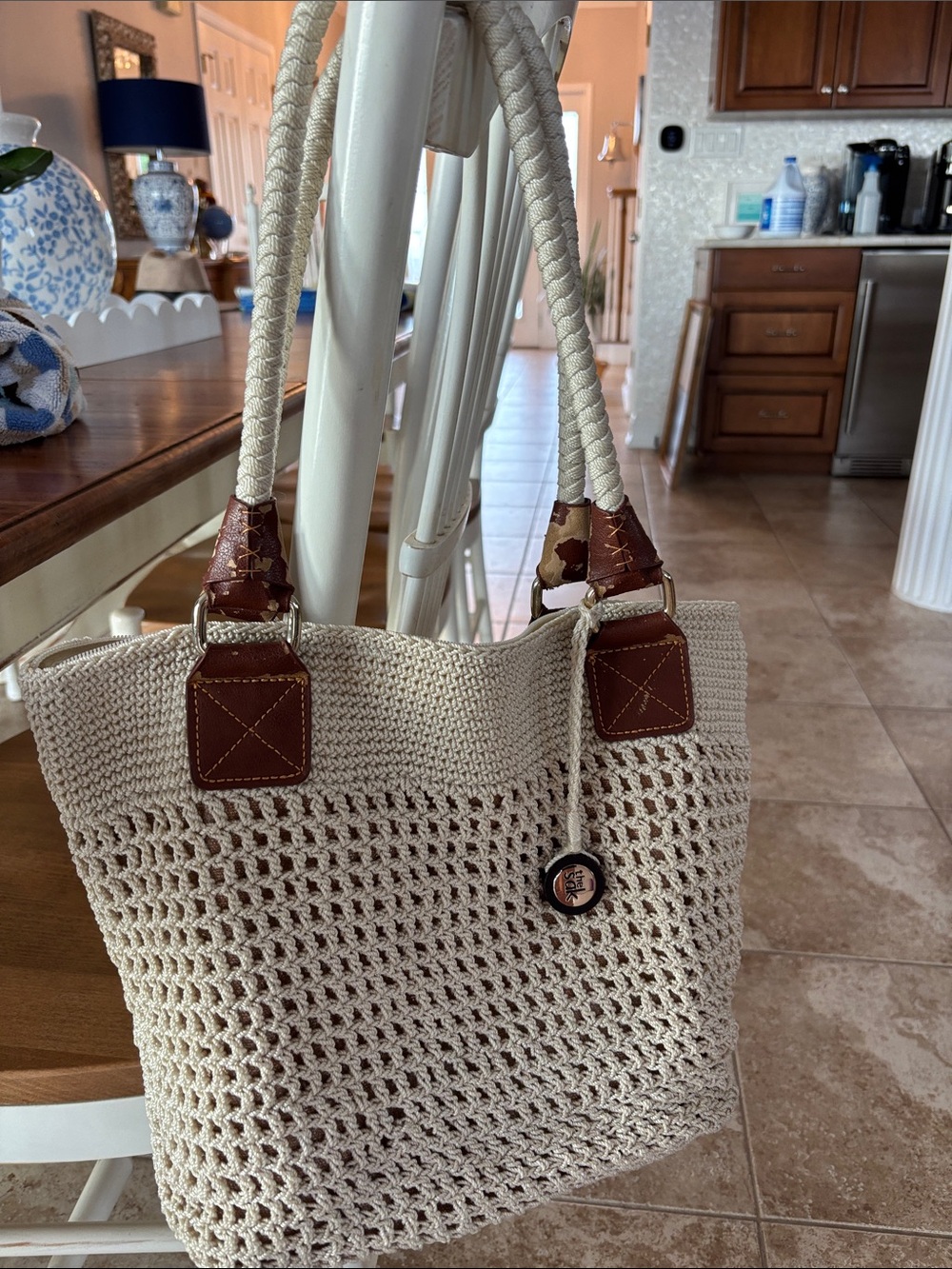 The Sak  Crochet Tote Bag with Brown Trim